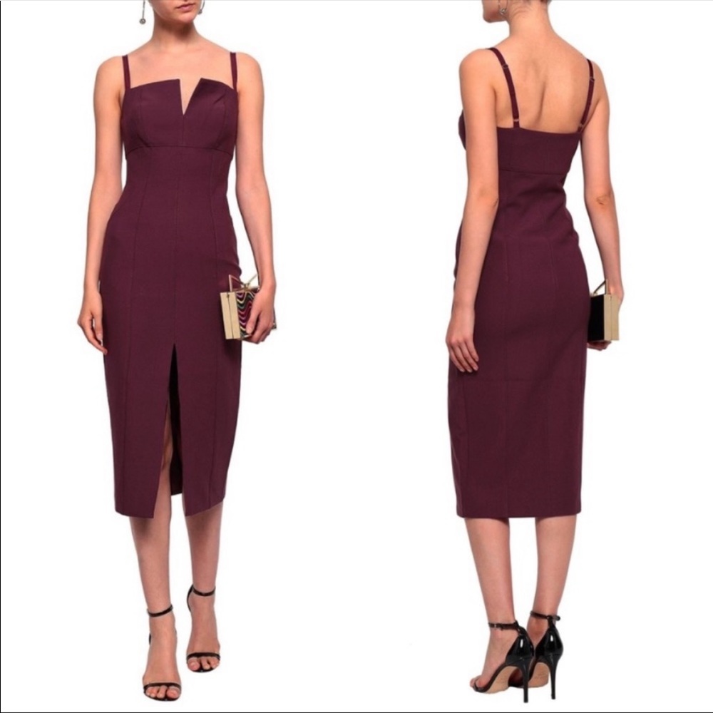 CINQ À SEPT Saoirse Split-front Cadi Midi Pencil Dress Plum Wine Size 2